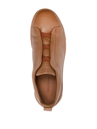Zegna Mens Caramel Brown Deerskin Triple Stitch Sneakers
