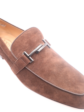 Tods Mens Brown Suede Mocassino Shoe with Silver Buckle