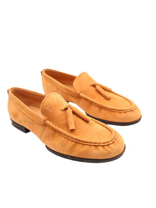 Tods Mens Nappina Gomma Orange Beige Suede Ruched Tassled Loafer