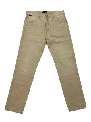 Tom Ford Mens Beige Tailored Fit Distressed Jeans w Logo Patch Back Pocket Detail