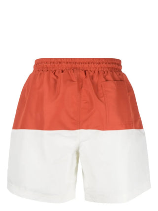 Brunello Cucinelli Mens Logo Embroidered Swim Trunks in Orange & White