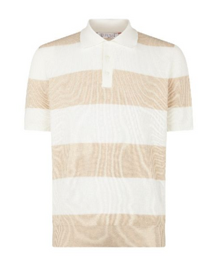 Brunello Cucinelli Mens White & Beige Ribbed Cotton Polo Shirt