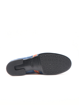 Tods Mens Blue Suede Ruched Gommino Driver Shoe with Side Multicolor Strap