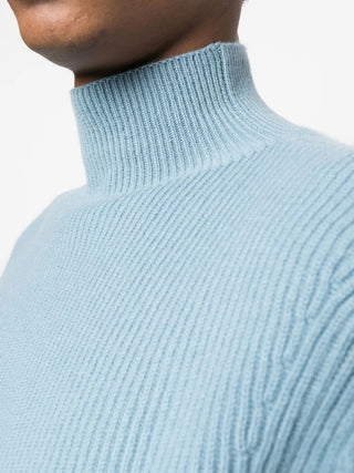 Tom Ford Mens Ribbed Cashmere Mock Neck Light Blue Sweater