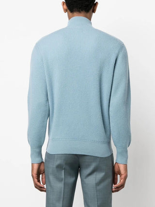 Tom Ford Mens Ribbed Cashmere Mock Neck Light Blue Sweater