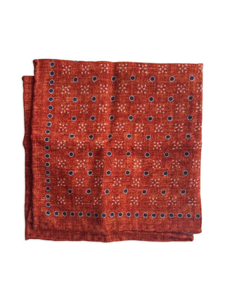 Brunello Cucinelli Burnt Orange Blue Circle Pattern Wool Men's Pocket Square