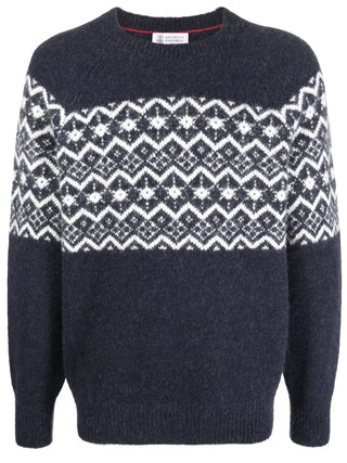 Brunello Cucinelli Mens Jacquard-Detail Crewneck Sweater in Navy