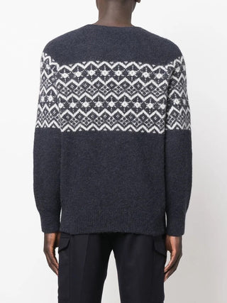 Brunello Cucinelli Mens Jacquard-Detail Crewneck Sweater in Navy