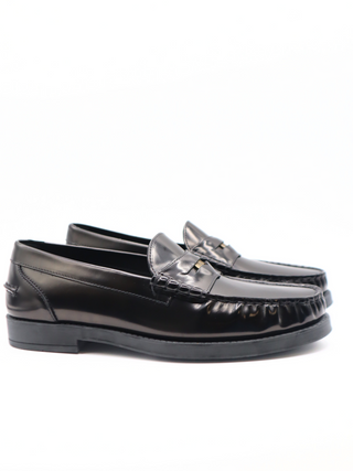 Tods Mens Black Ruched Penny Leather Loafer with T Coin Shoe