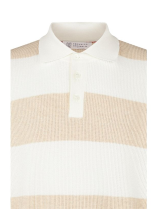 Brunello Cucinelli Mens White & Beige Ribbed Cotton Polo Shirt