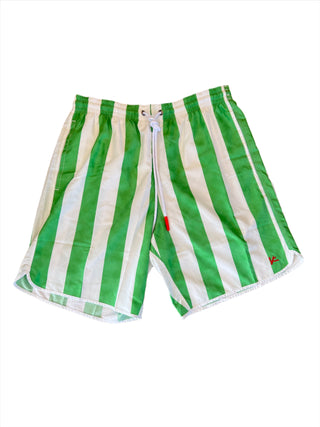 Isaia Mens Green White Striped Swim Trunks