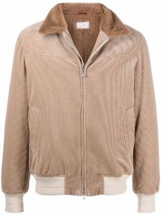 Brunello Cucinelli New Corduroy Beige Bomber Jacket With Fur Collar