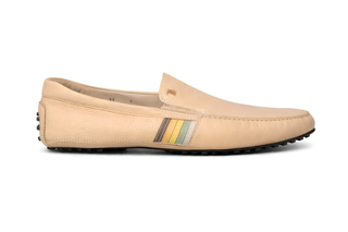 Tod’s Beige Pebbled Leather Driving Loafer With Stripe Detail