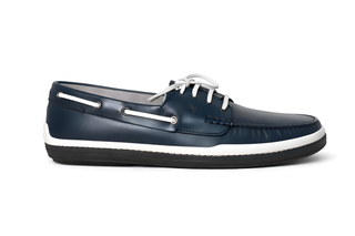 Tod’s Navy Leather Boat Shoe With White Lace Detail