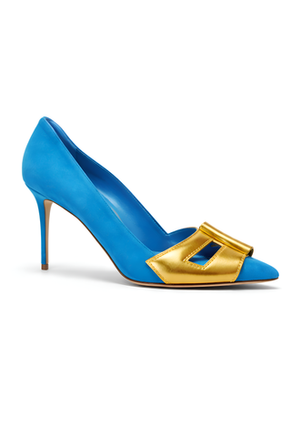 Manolo Blahnik Blue & Gold Suede Stiletto Pumps