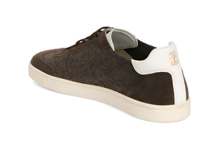 Brunello Cucinelli Mens Mixed Media Low Top Sneaker in Dark Brown