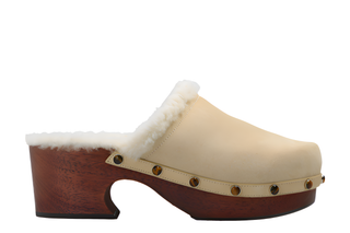 Chloé Beige Suede Shearling-Lined Studded Platform Clogs