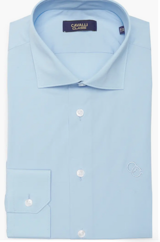 Cavalli Class by Roberto Cavalli Mens Comfort Fit Light Blue Dress Shirt W Logo Design