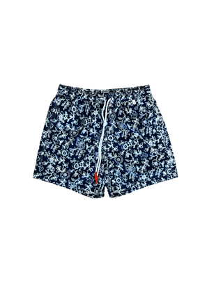 Isaia Mens Swim Trunks Floral Blue White Pattern