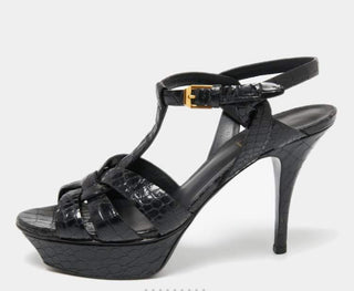 Saint Laurent Black Croc Embossed Leather Tribute Sandals