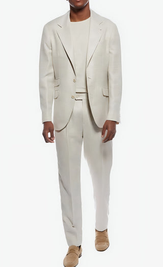 Brunello Cucinelli Men’s Beige & White Wool & Line Plaid Suit