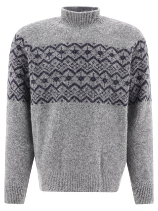 Brunello Cucinelli Mens Jacquard-Detail Crewneck Gray Sweater