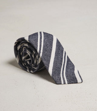 Brunello Cucinelli Blue White Silk Linen Striped Men's Tie