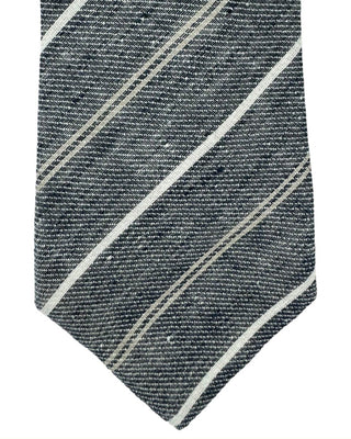 Brunello Cucinelli Charcoal Grey Khaki Stripes Linen Skinny Men's Tie