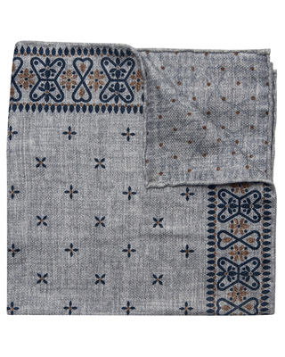 Brunello Cucinelli Grey Navy Abstract Pattern Silk Men's Pocket Square