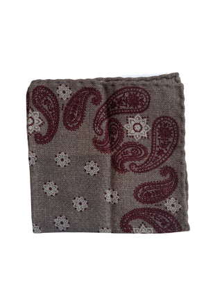 Brunello Cucinelli Taupe Burgundy Paisley Wool Men's Pocket Square