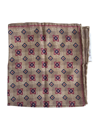 Brunello Cucinelli Taupe Geometric Blue Red Silk Men's Pocket Square