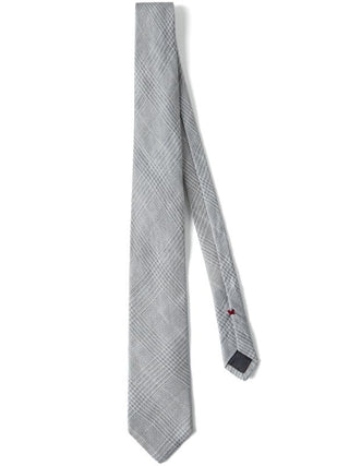 Brunello Cucinelli Light Grey Plaid Pattern Silk Men's Tie