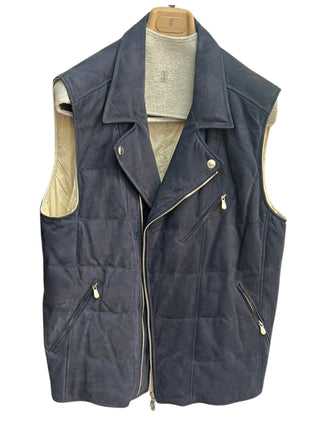 Brunello Cucinelli New Men's Navy 100% Pelle Leather Moto Vest