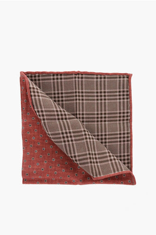 Brunello Cucinelli Men's Red Circle Plaid Silk Cotton Pocket Square