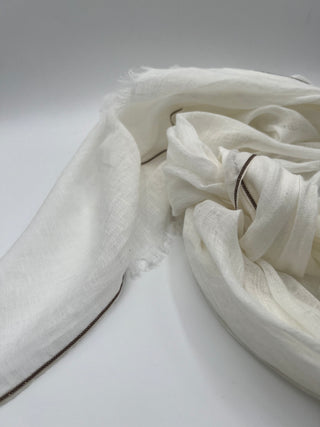 Brunello Cucinelli Linen White Women's Scarf With Bead Embellishment Detail