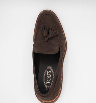 Tods Mens Pebbled Leather Tassled Loafers in Dark Brown