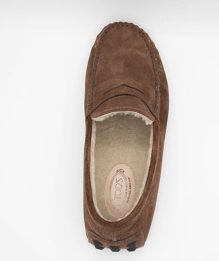 Tods Mens Sherpa Lined Leather Loafers in Brown
