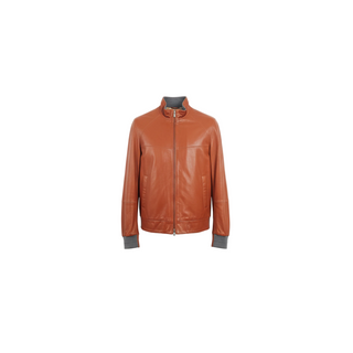 Brunello Cucinelli Grained Leather Stand-Collar Bomber Jacket with Ribbed Trim