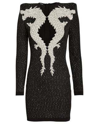 Balmain Womens Black Dragon Embroidered Dress with Colorful Stones
