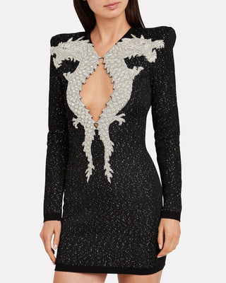 Balmain Womens Black Dragon Embroidered Dress with Colorful Stones