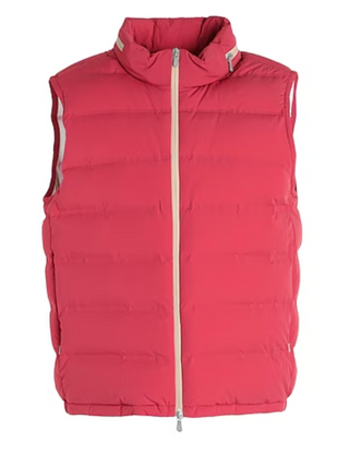 Brunello Cucinelli Men's Red Quilted Shell Down Gilet Vest with Packaway Hood