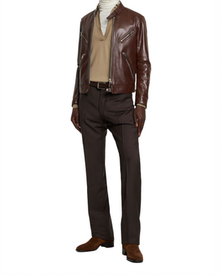 Tom Ford Mens Leather Moto Brown Jacket