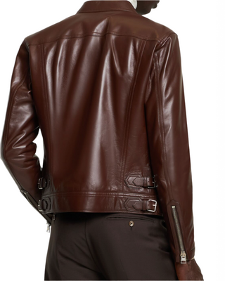 Tom Ford Mens Leather Moto Brown Jacket