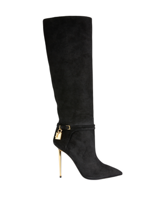 Tom Ford Womens Suede Knee High Padlock Boot 105 MM In Black