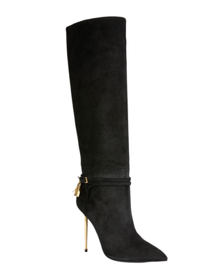 Tom Ford Womens Suede Knee High Padlock Boot 105 MM In Black