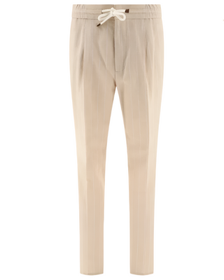 Brunello Cucinelli Men's Beige Linen & Wool White Pinstriped Drawstring Pant