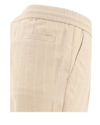 Brunello Cucinelli Men's Beige Linen & Wool White Pinstriped Drawstring Pant