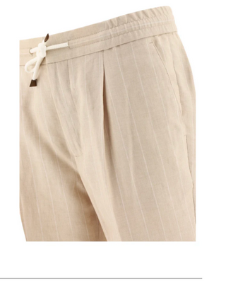 Brunello Cucinelli Men's Beige Linen & Wool White Pinstriped Drawstring Pant