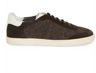 Brunello Cucinelli Mens Mixed Media Low Top Sneaker in Dark Brown