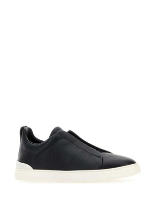 Zegna Mens Navy Deerskin Triple Stitch Sneakers